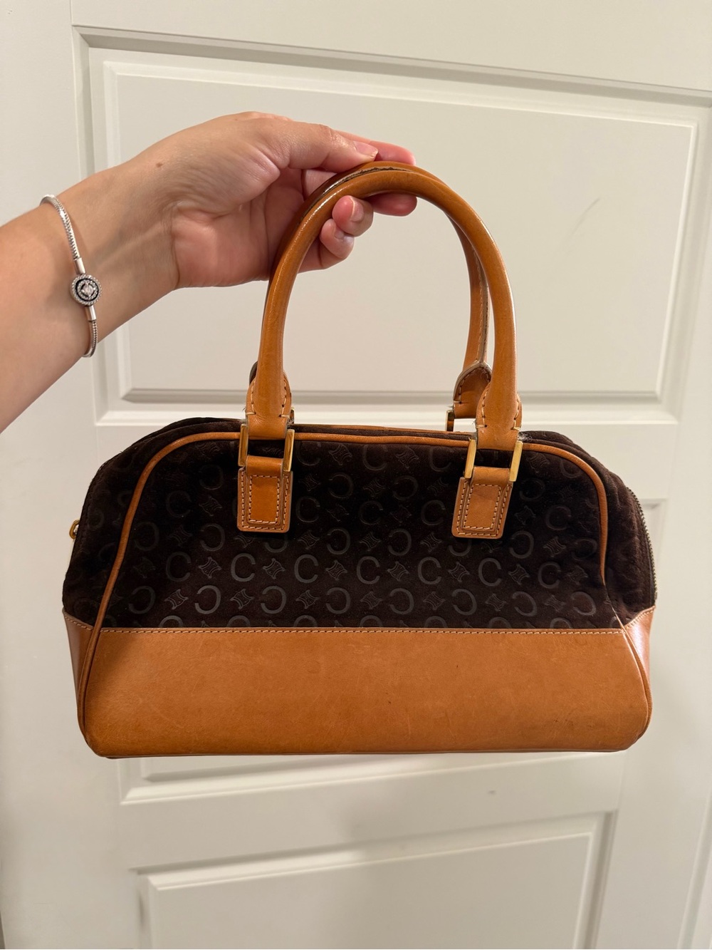 Celine Brown Suede & Tan Leather Satchel
